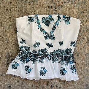 White Strapless Peplum Camisole with Blue Floral Embroidery